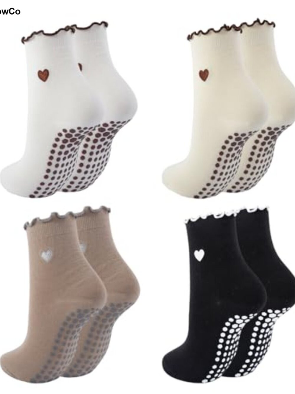 Pilates Socks with Grips Ruffle Heart Non Slip Yoga Barre Ballet 4 Pairs
